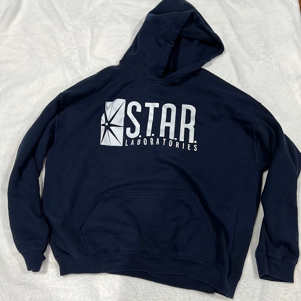THE FLASH Starr Labs Hoodie, Navy Blue with white lettering
